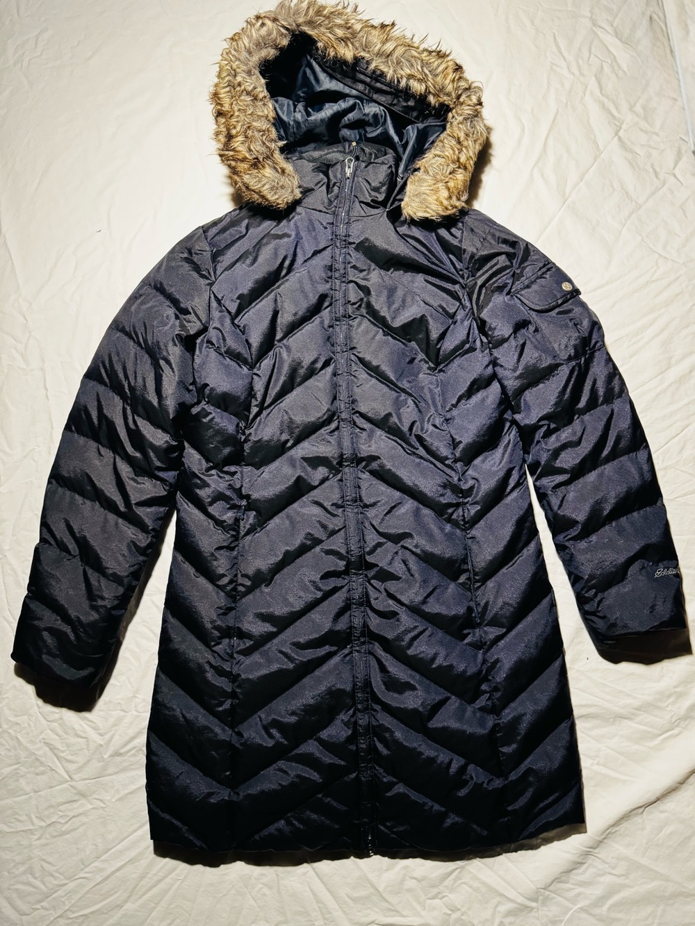Eddie Bauer Long Navy Puffer Coat with Faux Fur Trim Hood Size Small - Picture 1 of 8